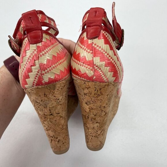 Joyfolie Alma Tangelo Straw Wedge Peep Toe 4.5" Slip On Heel Shoes Womens sz 9.5 - Picture 3 of 8